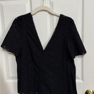 Sezane Black Eyelet V-Neck Blouse